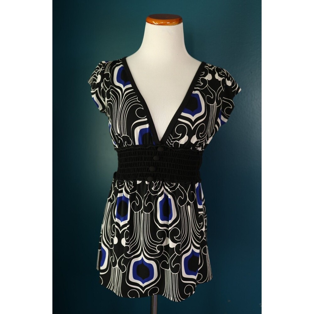 Vintage Y2K Sugar Tart Black Tie Blouse Babydoll Top Buttons Swirl Groovy Retro